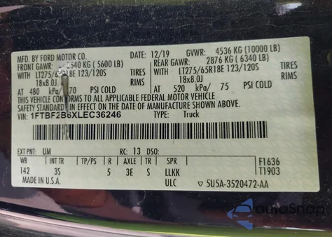 2020 Ford F-250 Xlt z USA, uszkodzony, nr VIN 1FTBF2B6XLEC36246